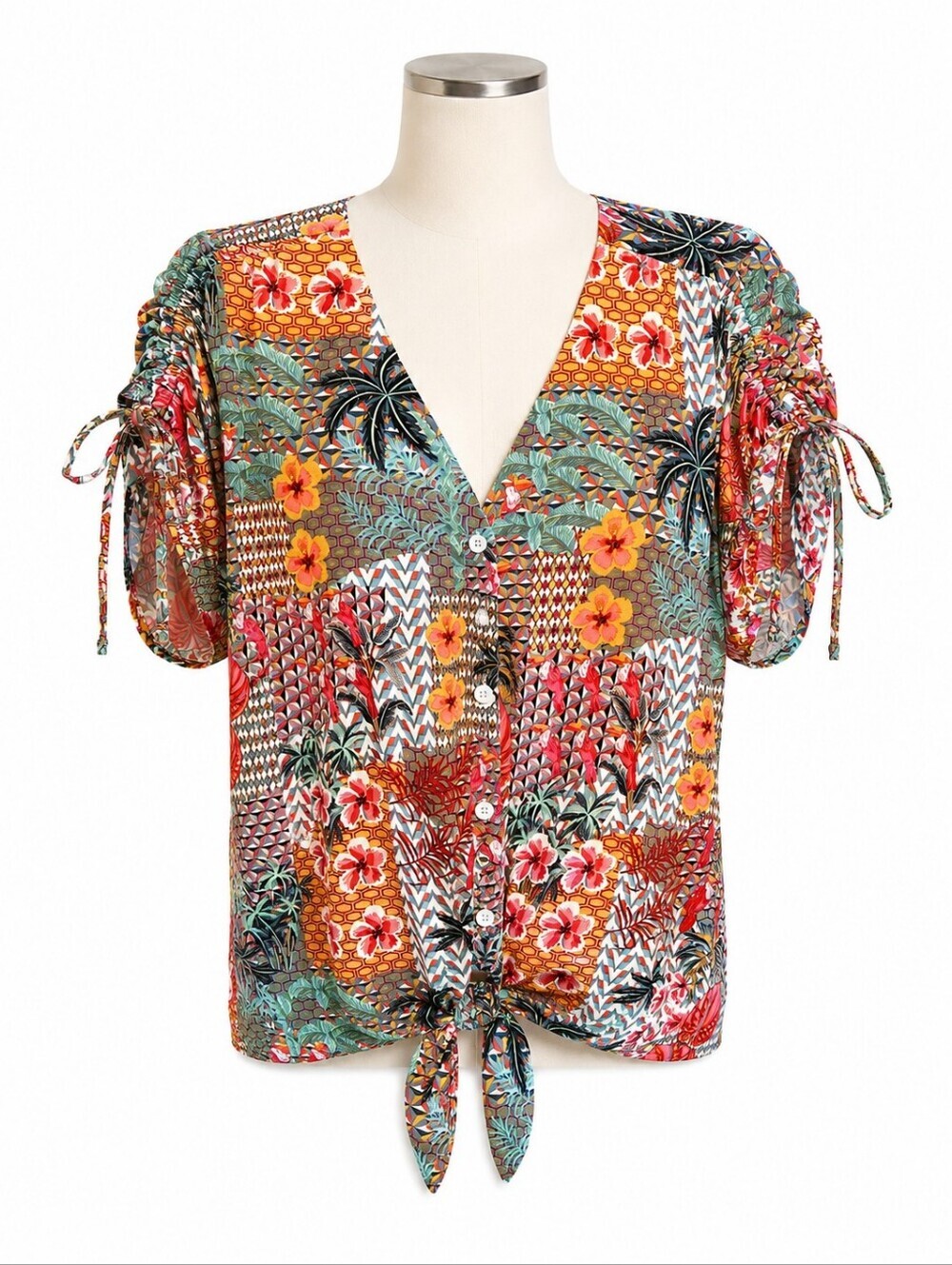 Sabrina Lauren NWT Tropical Stretch Knit Tie Front Button Down Top 3X Vacation
